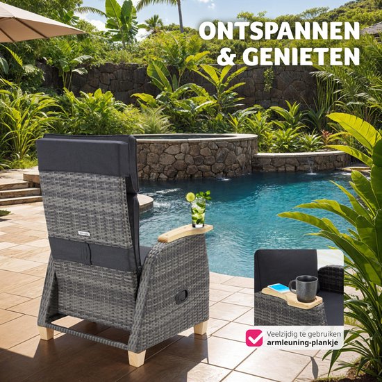 tectake Lounge Tuinstoel – Verstelbare Rug- & Voetsteun – 128 x 68,5 x 104 cm – Grijs