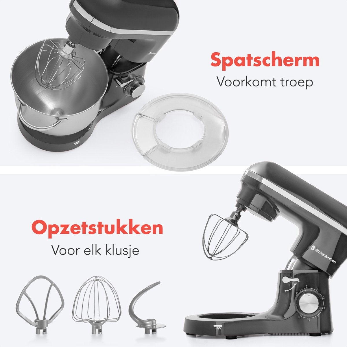 KitchenBrothers Keukenmachine - Keukenmixer met 6L RVS mengkom - Keukenrobot - 20000W - Antraciet