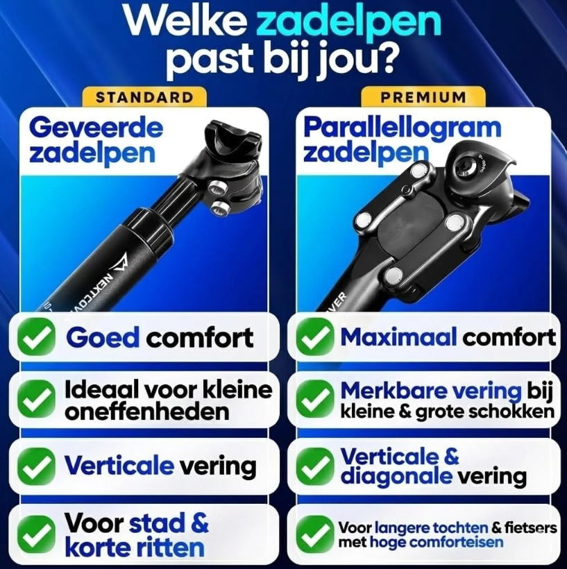 NextCover Geveerde Zadelpen - Zwart - Ø 31,6 mm - Parallellogram, Comfort-Spring Technologie