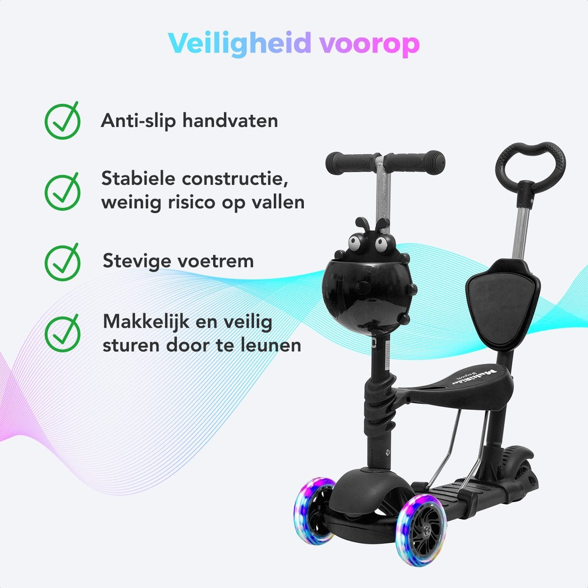 LifeGoods MultiRider - Kinderstep - Duwstang - 2 Lichtgevende Wielen - Zwart