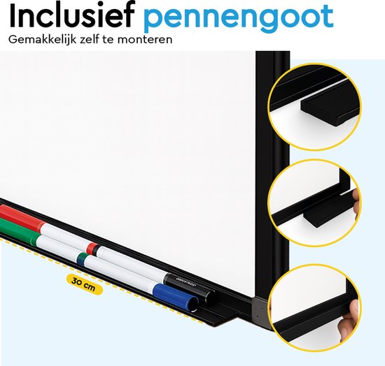 BRASQ Whiteboard 60x90 cm magnetisch – met accessoires set (markers, wisser, magneten) - Schoolbord - Magneetbord – zwart