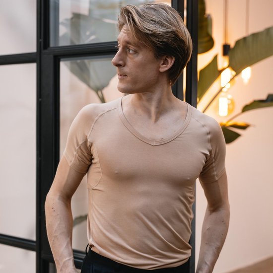Anti Zweet Shirt - Fibershirts® - Ingenaaide Okselpads- Ondershirt - Huidskleur - V-hals - Heren - Maat XXL
