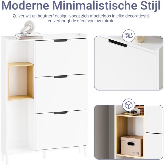 SoBuy FSR209-WN Schoenenkast, wit, compact, opslag voor 9 paar schoenen, ideaal voor kleine ruimtes en woningen, MDF + bamboe, 90 x 19 x 129,5 cm FSR209-WN
