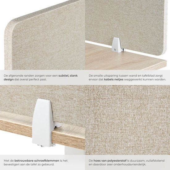 tectake® Bureauscherm scheidingswand Noisy - Met geluidsabsorberende PET-kern - Inclusief 2 bevestigingsklemmen - Afmeting (LxB) 130 x 40 cm - Beige