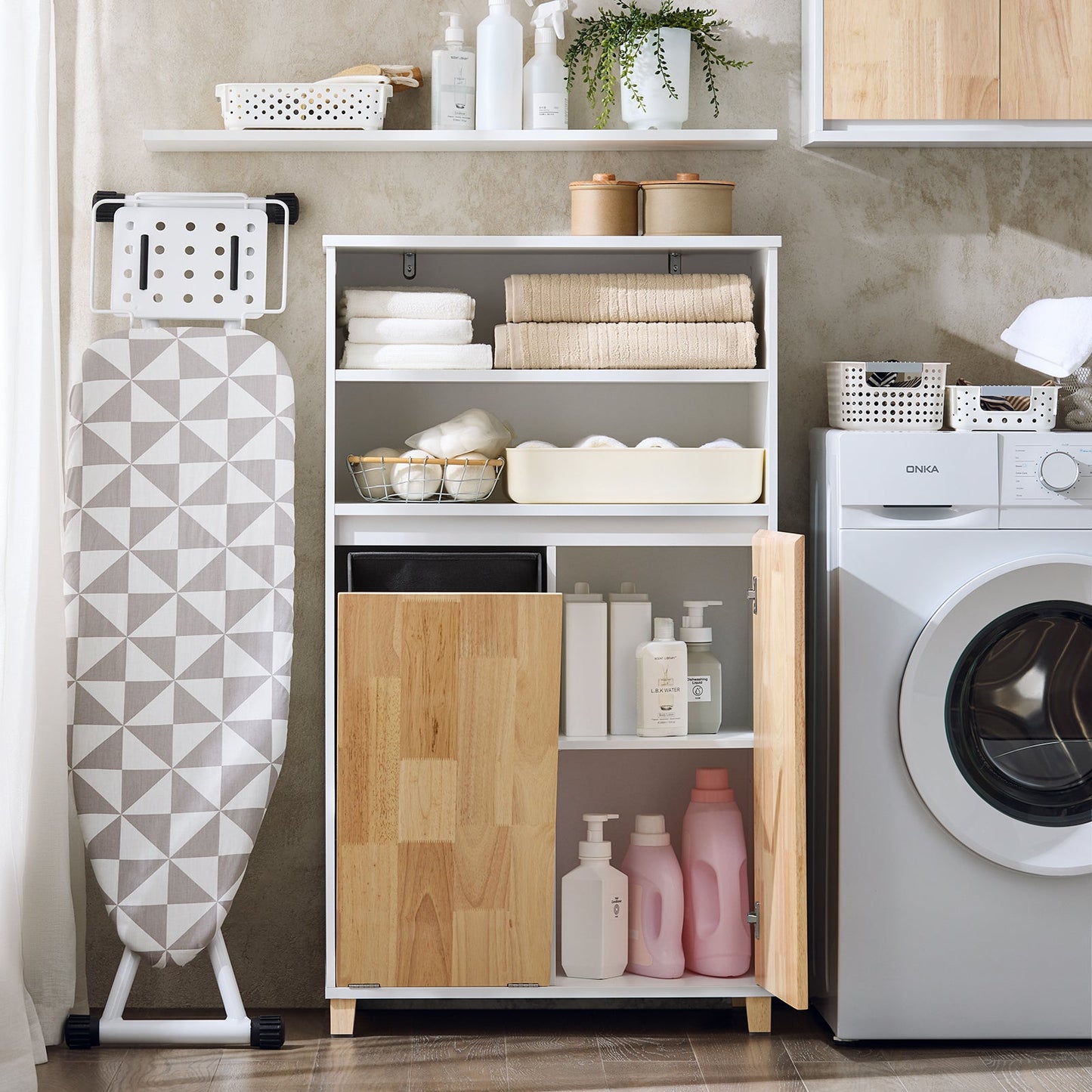 SoBuy BZR143-WN Badkamermeubel met Afneembare Wasbak, 3 Vakopslag en Wasmand – Wit, 64x33x110 cm
