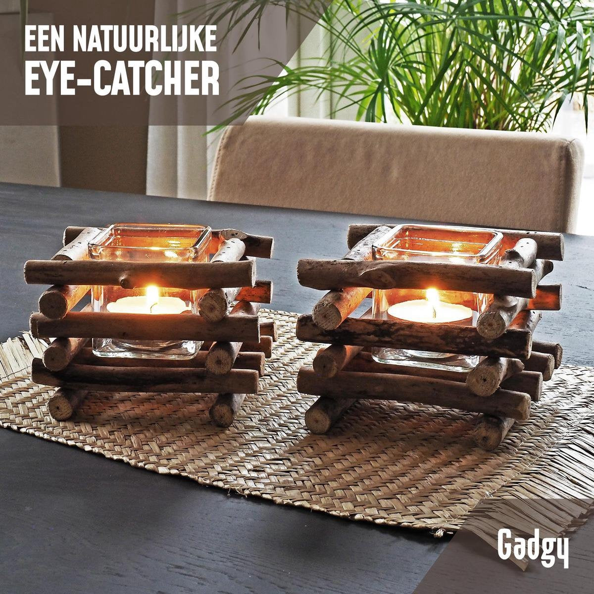 Gadgy - Waxinelichthouder - Drijfhout - set van 2 - 15x15cm