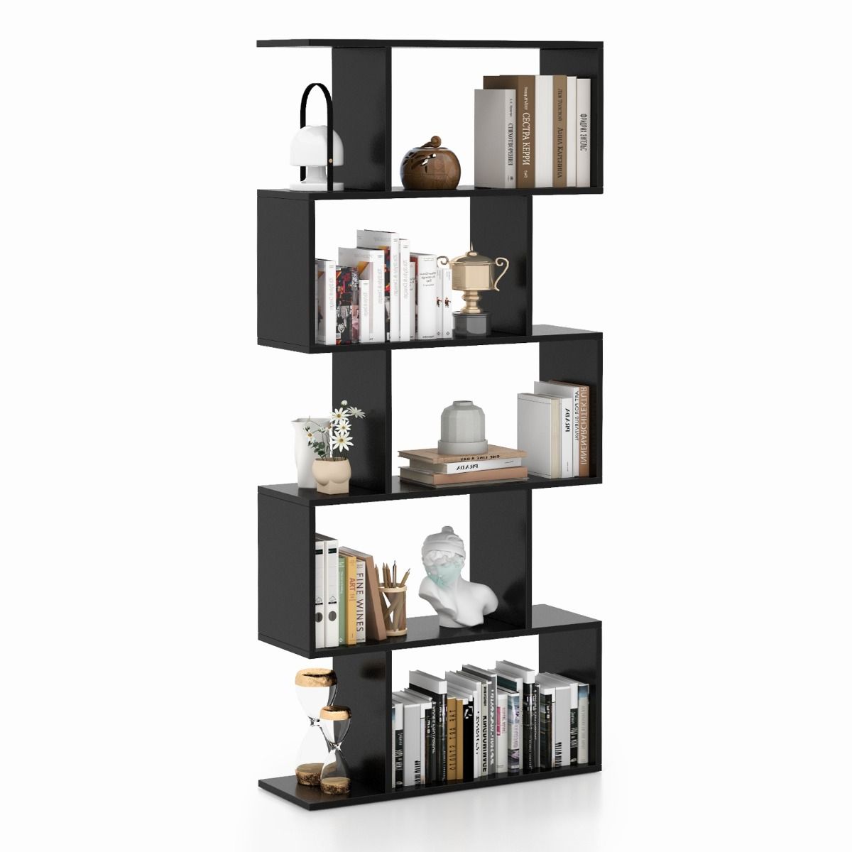 Coast Boekenkast S-vorm - 5 niveaus - anti-kantel opbergmeubel - zwart - 70 x 23,5 x 158 cm
