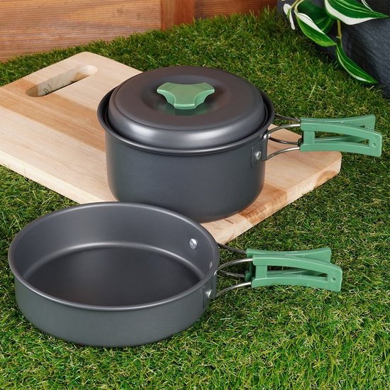 Redcliffs Outdoor Camping pannenset - 2x - aluminium/RVS - zwart/groen - kamperen