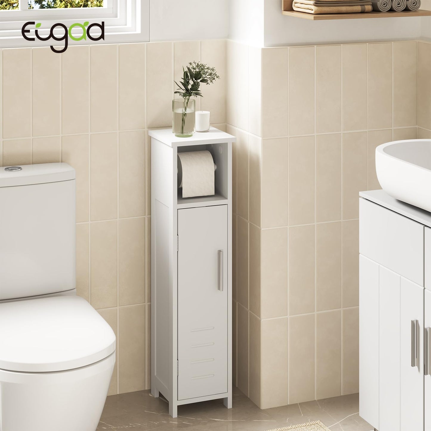 EUGAD 0229WY toilet kast badkamer kast - smal wit - verstelbare plank en toilet papier houder