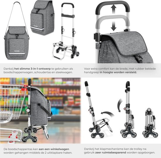 tectake® 3-in-1 Boodschappentrolley met Koelvak - 4 Traploop Wielen - Opvouwbaar - 56L Inhoud - Boodschappenwagen - Boodschappenkar - Ook als Steekwagen en Boodschappentas - Met Sleutelhanger en Winkelwagenmunt