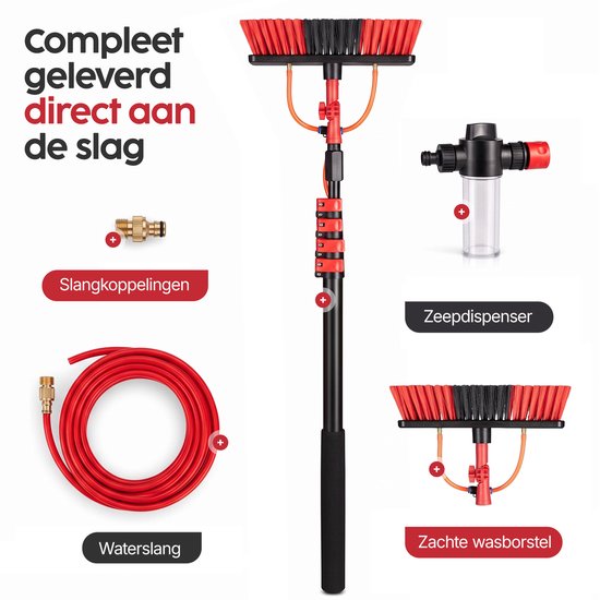 Infinity Goods Telescopische Wasborstel 7,5m - Ramenwasser - Raamtrekker - Zeepdispenser - Waterdoorvoer - Zwart/Rood