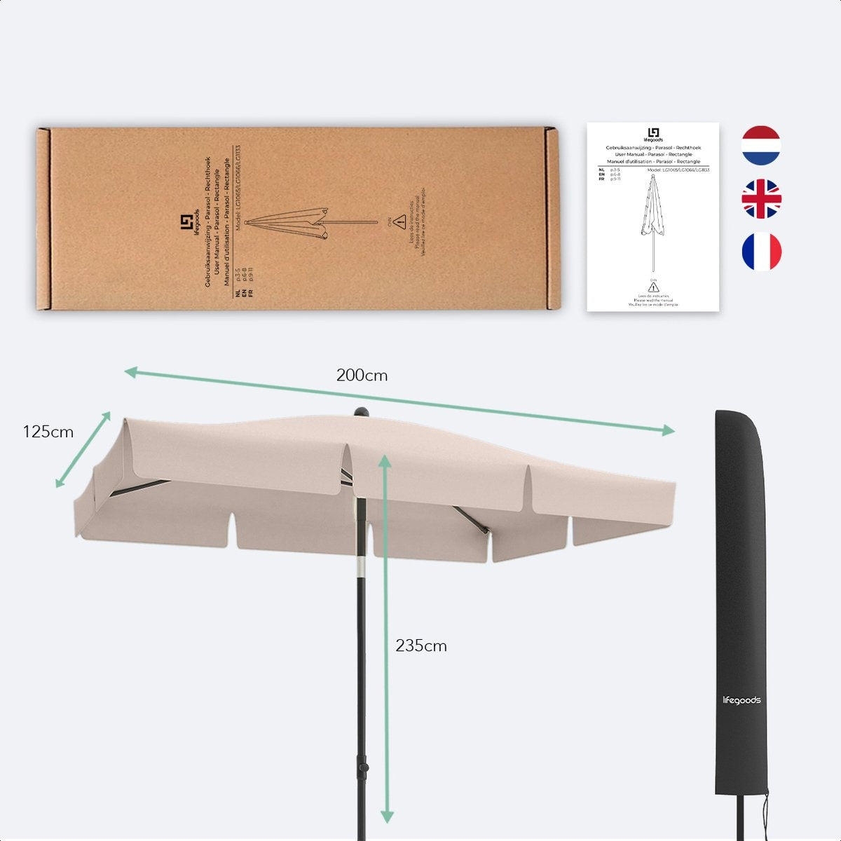 LifeGoods Parasol - Balkonparasol - 200x125cm - 30° Kantelbaar - Waterdicht - met Hoes - Taupe