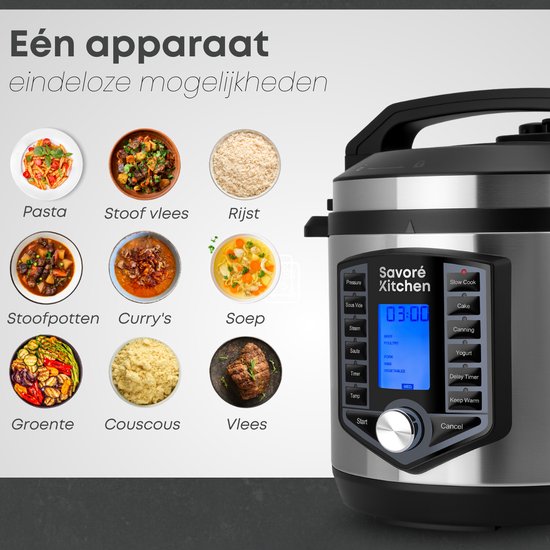 Savoré Kitchen Pressure Cooker – 6L – PFAS Vrij – Snelkookpan, Rijstkoker, Slowcooker, Stomer & Sous-vide in één – Multicooker