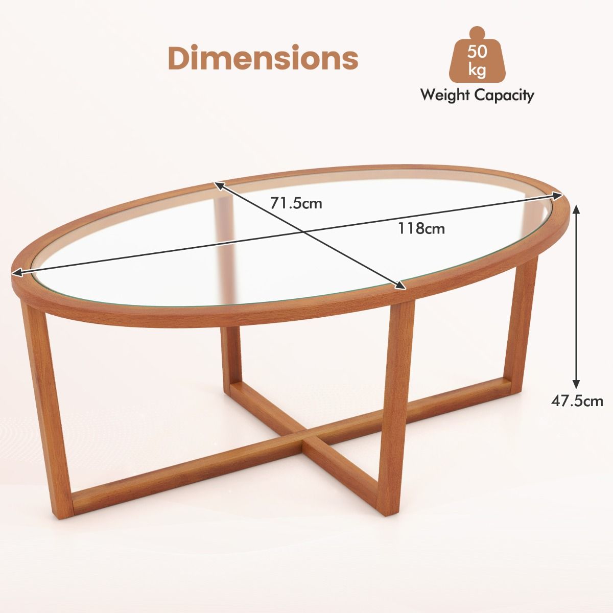 Coast salontafel - ovaal gehard glas - kruisvoet acaciahout - bruin - 118 x 71,5 x 47,5 cm