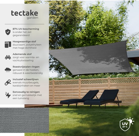 tectake® Rechthoekig Schaduwdoek Sunny - 3 x 5 m - Extra Stevig 185 g/m² HDPE Zonwering Doek - 50+ UV Bescherming - Weerbestendig en Scheurbestendig - Zonnescherm voor Tuin, Balkon, Terras - Zonnedoek inclusief Montagemateriaal - Grijs