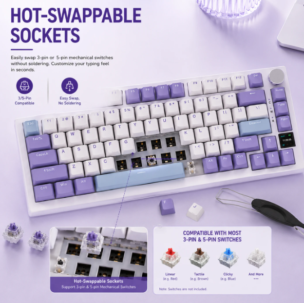 AJAZZ AK820 Pro Mechanisch Toetsenbord - 75% - QWERTY US - Tri-mode - TFT-display - RGB - Grijs - Sea Salt Purple Switches