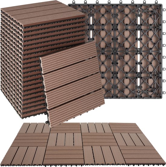 tectake® WPC houten tegels - Houtlook tegels - Weerbestendig - Vloerbedekking voor buiten - Vloertegels - Balkonvloer - Terrastegels met kliksysteem - Afvoer - Set van 22 - Bruin