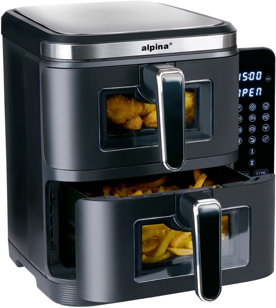 alpina Airfryer XXL - Dubbele Air Fryer 11L - Heteluchtfriteuse 2 Manden - Double Stacked voor 8 Personen - Opvouwbaar Display - Timerfunctie tot 60 Minuten - Temperatuur 60-200°C - Zwart