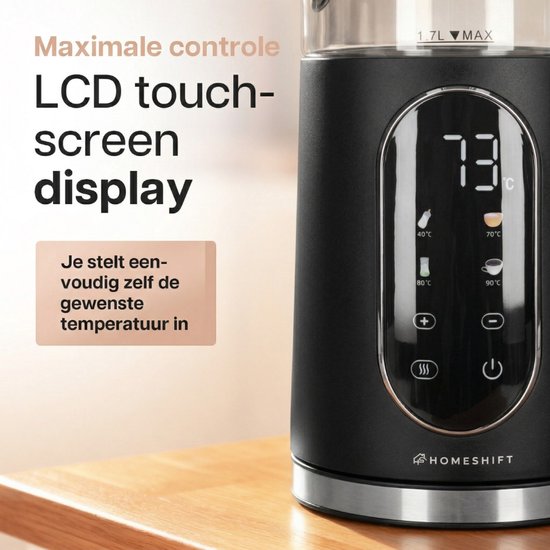 HomeShift® Waterkoker met Temperatuurregeling - Warmhoudfunctie - Dubbelwandig - Elektrisch - 1,7 Liter - 2200W - Zwart