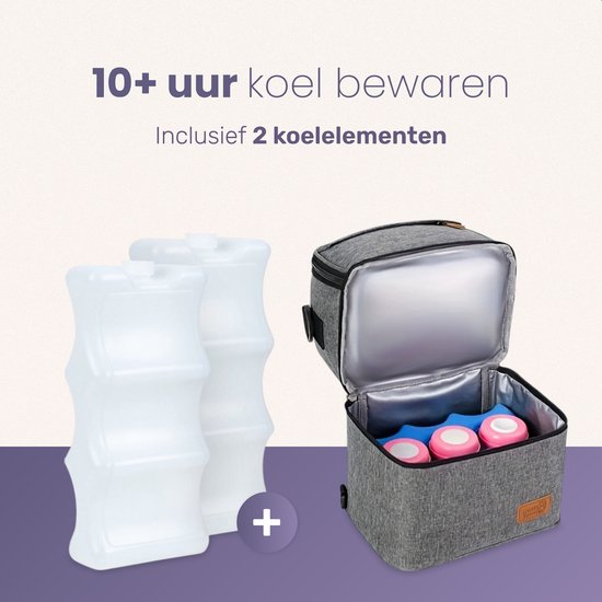 Qwali Koeltas Moedermelk - Incl 2 koelelementen - Schouder & Rugtas - Bewaarflesjes - Borstvoeding - Baby - Koelrugzak - Kolftas - Borstkolf - Grijs