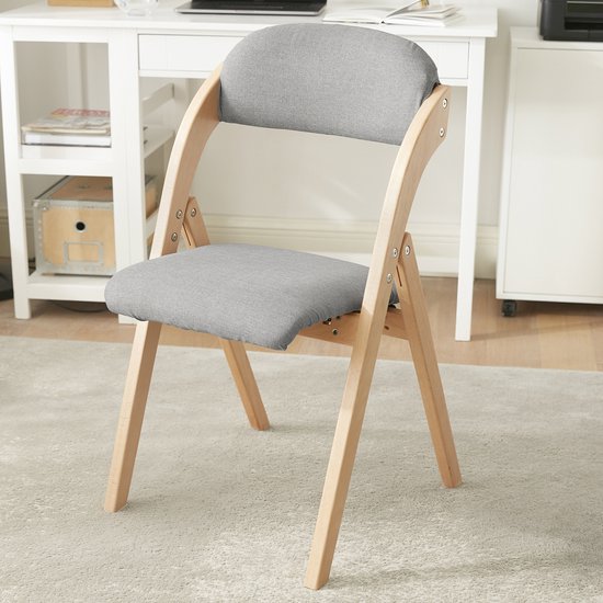 SoBuy Set van 2 Klapstoel, Bureaustoel met Gestoffeerd Zitkussen, Eetkamerstoel, Natuur/Grijs, 47.5x77x59 cm, FST92-Nx2 - voor eetkamer, balkon of kantoor