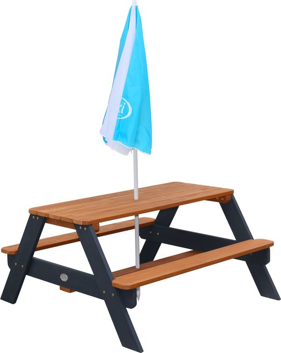 AXI Nick Picknicktafel Antraciet/bruin - Parasol Blauw/wit - Picknick tafel voor kinderen van FSC hout