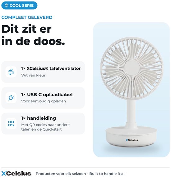 XCelsius® Tafelventilator Draadloos - Ventilator voor Bureau, Tafel en Werkplek - Oplaadbaar met USB-C - 4 Snelheden - Oscillerende Modus - Kantelbaar - Tijdens opladen gebruiken - Wit