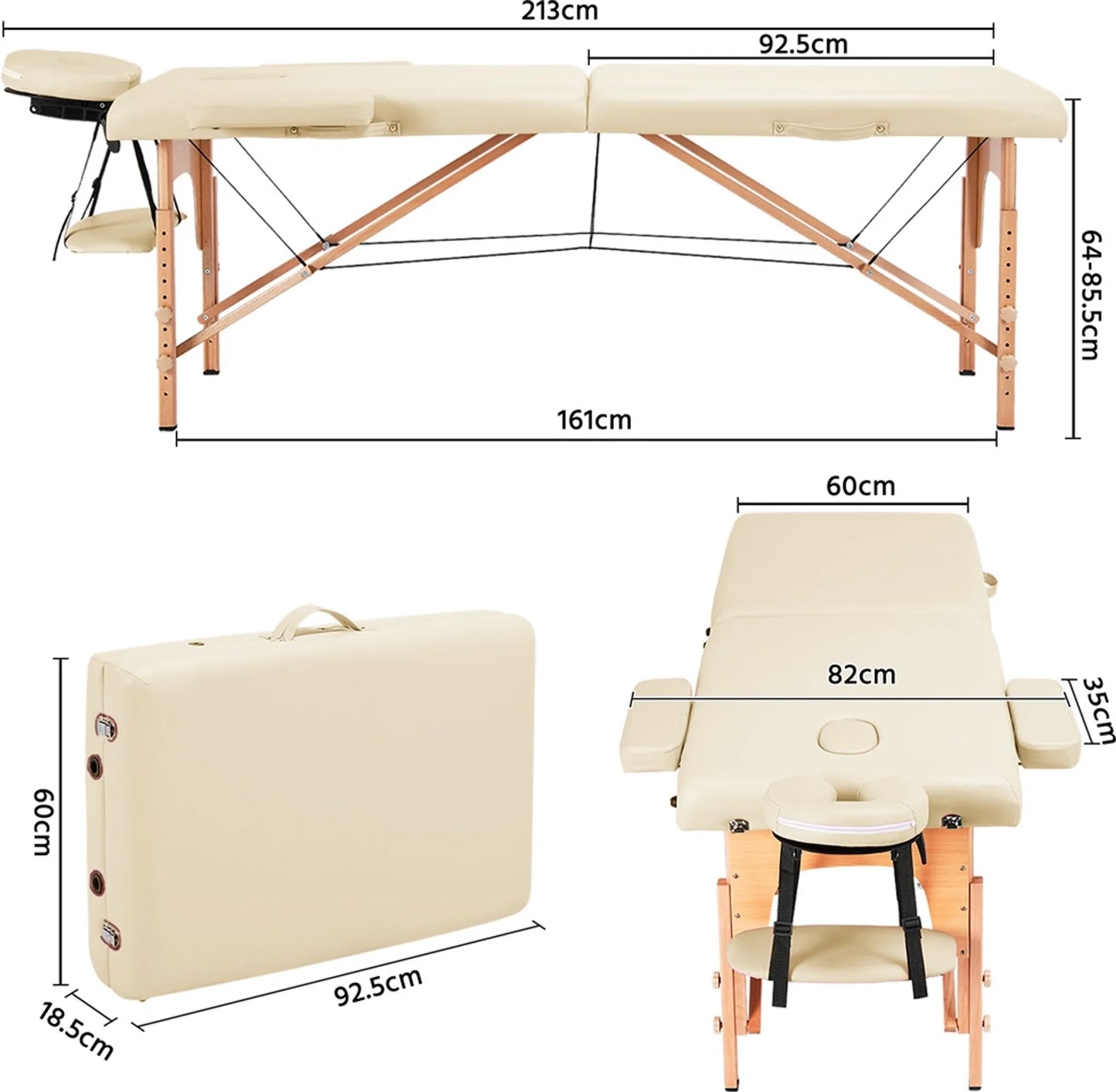 Yaheetech Massagetafel Opvouwbaar – 213 x 82 x 64-85,5 cm – Voorzien Van Beukenhouten Poten En Verstelbare Hoofdsteun En Draagtasfunctie – Voor Schoonheidssalon En Massagestudio – Crème Kunstleer En Hout