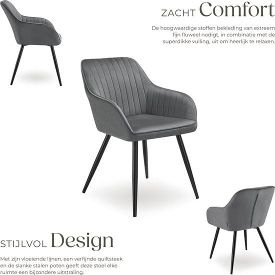 tectake®- Fluwelen stoel met gestikt patroon - Moderne eetkamerstoel - Kuipstoel - Woonkamer, eetkamer, lounge of kaptafelstoel - Div. kleuren - Grijs/zwart
