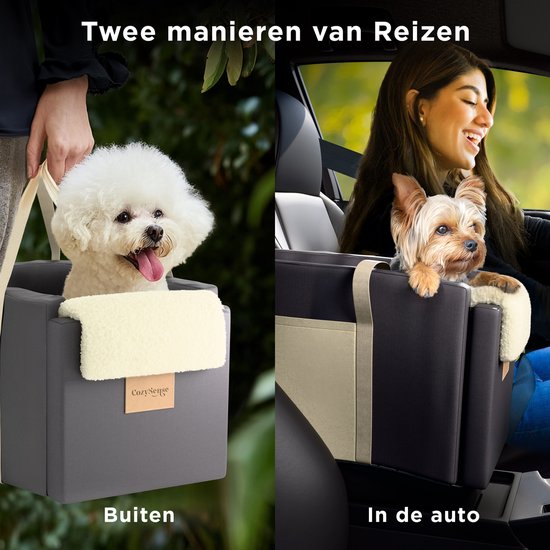 CozySense® Honden Autostoel - Hondenmand Auto met Wasbare Hoes - Voor Kleine Hond - Past in Middenconsole - Ook als Draagtas - Zwart/Beige