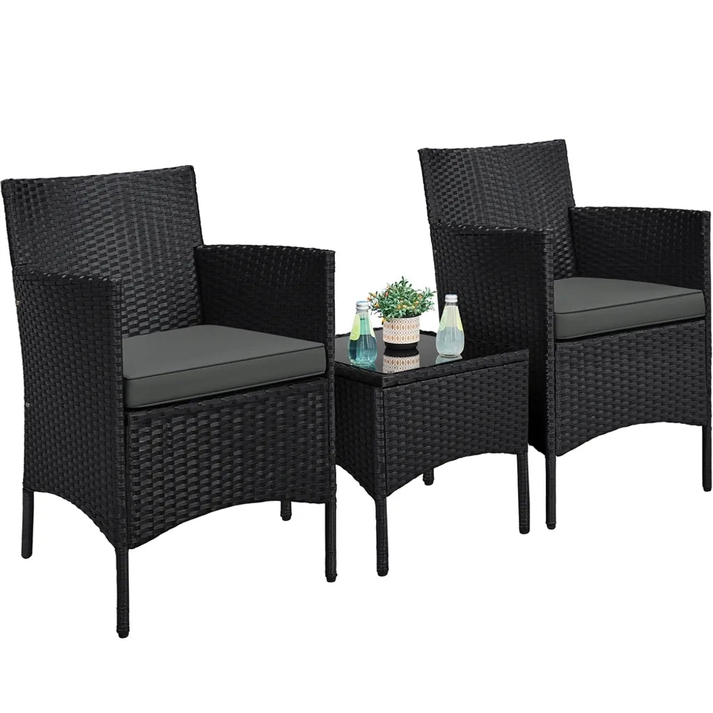 Yaheetech Tuinset 3-Delig - Rattan - Balkonset - Stoelen - Tafel Zwart/Grijs
