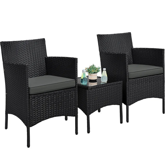 Yaheetech Tuinset 3-Delig - Rattan - Balkonset - Stoelen - Tafel Zwart/Grijs