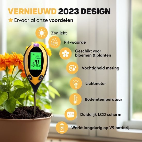 Vulpes Goods® Vochtmeter voor Planten - 4-in-1 - Vochtigheidsmeter - Binnen en Buiten - Hygrometer voor Kamerplanten - - pH, Lichtmeter, Temperatuurmeter en Vochtigheidsmeter - Vochtmeter Grond - PRO versie - Incl. Batterij