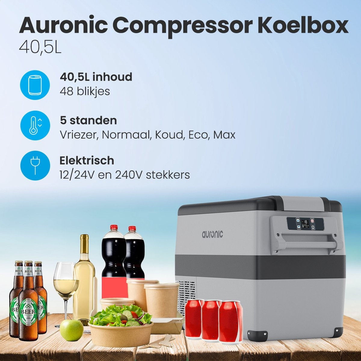 Auronic Compressor Koelbox - Coolbox - Alleen vriezen - 40.5L - 12V en 240V - Grijs