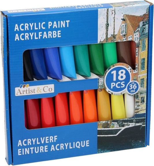 Artist & Co Acrylverf Set – 18 Tubes à 36 ml – Heldere Kleuren – Sneldrogend – Voor Canvas, Papier en Hout – Geschikt voor Beginners en Hobbyisten