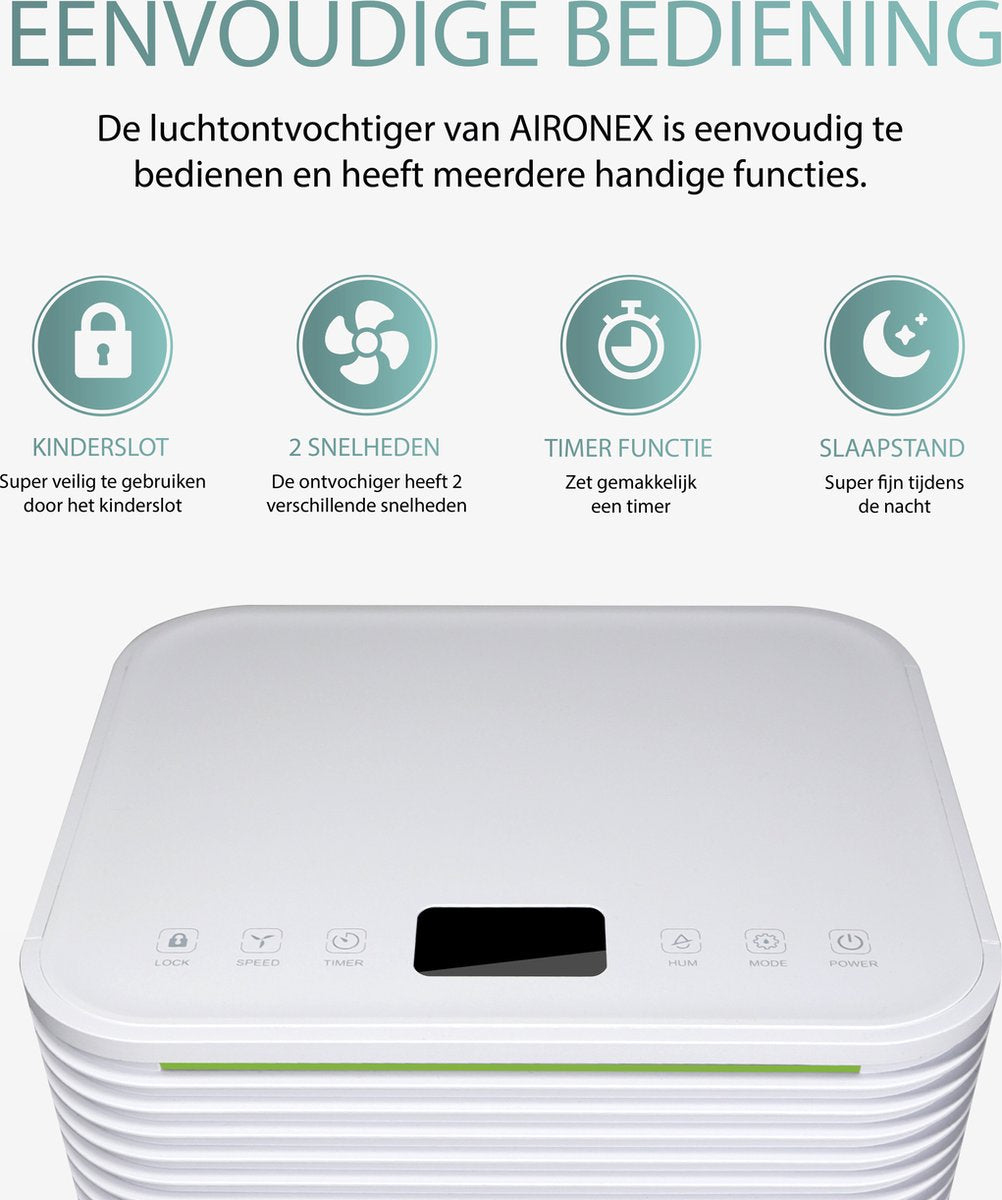 Aironex L012 Luchtontvochtiger - 2L Reservoir - Extreem Stil - 25 x 45 x 22 cm - Wit
