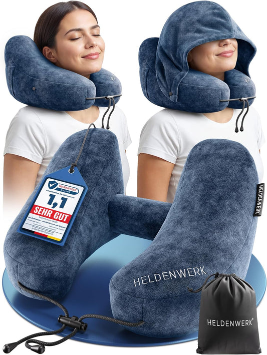 Heldenwerk Premium Air Nekkussen Opblaasbaar - Donkerblauw - Inclusief Capuchon en Oordopjes