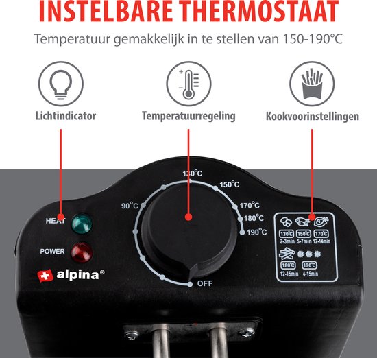 alpina Friteuse - Frituurpan - 3 Liter - 2000 Watt - Roestvrij Staal - Met Thermostaatknop