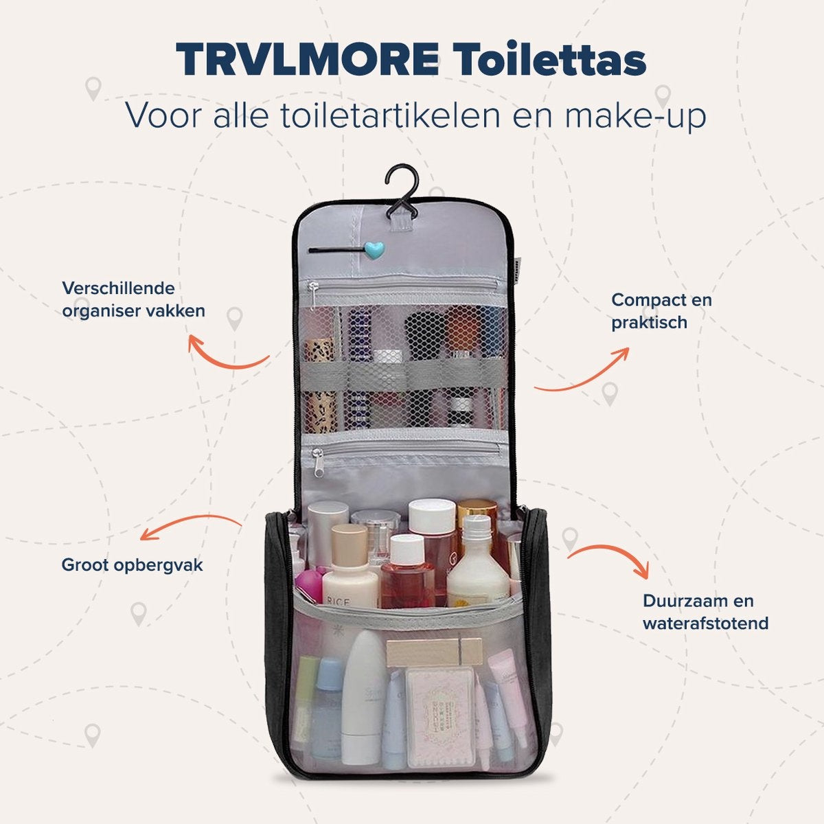 TRVLMORE Toilettas - Hangend met Haak - Unisex - Zwart