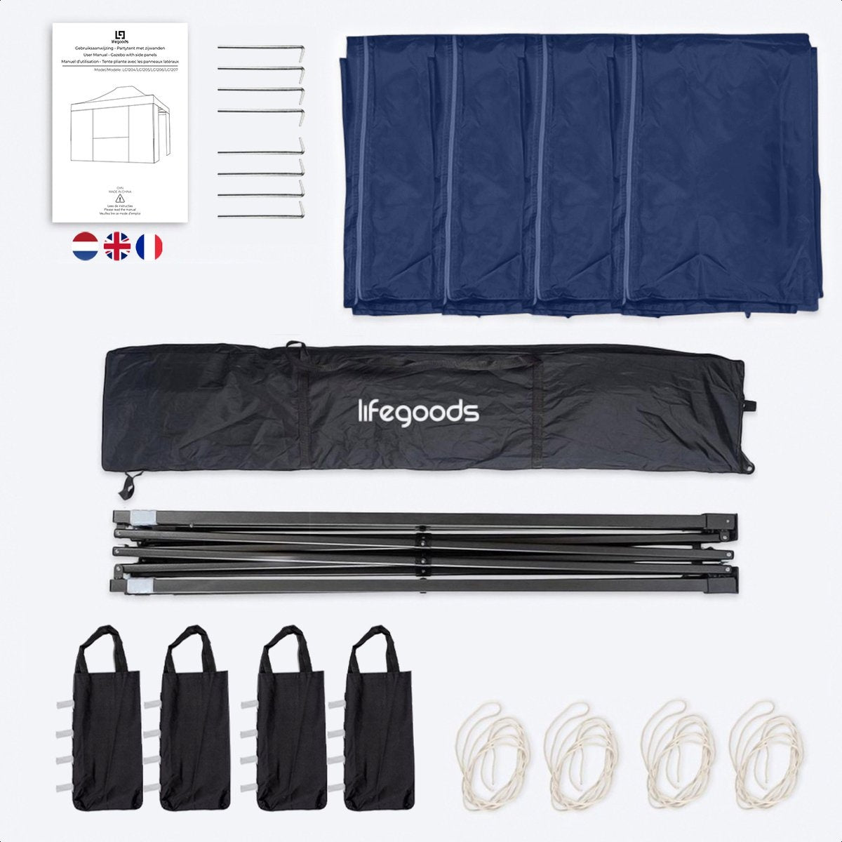 LifeGoods Partytent - Paviljoen - EasyUp - Opvouwbaar - Waterdicht - Met Draagtas met wieltjes - 440 x 297 cm - Donkerblauw