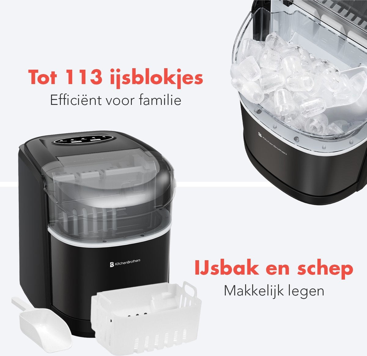 KitchenBrothers IJsblokjesmachine - 1.6L - 8 min. - 12kg/24u - Zelfreinigingsfunctie - IJsblokmaker met IJsschep - Zwart