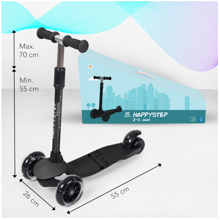 LifeGoods HappyStep - Kinderstep - Step 2-5 Jaar - 3 Lichtgevende Wielen - Zwart