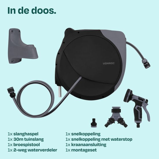 VONROC Automatische slanghaspel – wandslangbox – Incl. 30m premium tuinslang, 8-standen broespistool en koppelingen – zwart/grijs