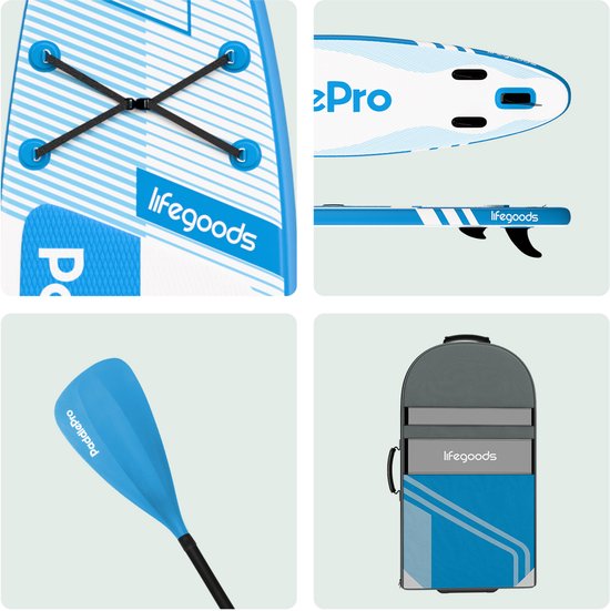 LifeGoods PaddlePro SUP Board Pro - Pro Set - Opblaasbaar Paddle Board - Max. 150KG - 320x81cm - Sky Blue