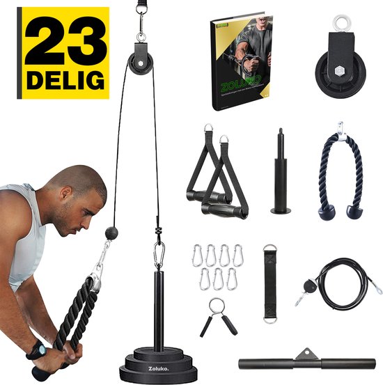 Zoluko Home Fitness Kabelsysteem 23-delige set - Incl. E-book - Krachtstation voor Thuis Sporten - Incl. Triceps Touw, Biceps Stang en Handgrepen - 100kg Draagkracht - Eenvoudige Bevestiging - Krachttraining - Lat Pulley - Home Gym - Zwart/Zilver