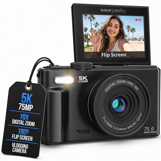 Strex Digitale Camera 5K 75MP - Fototoestel - Compactcamera met Wifi - Vlog Camera - Fotocamera voor Kinderen - 18x Zoom - Draaibaar Scherm - Zwart