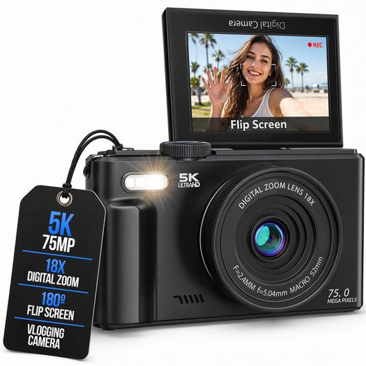 Strex Digitale Camera 5K 75MP - Fototoestel - Compactcamera met Wifi - Vlog Camera - Fotocamera voor Kinderen - 18x Zoom - Draaibaar Scherm - Zwart