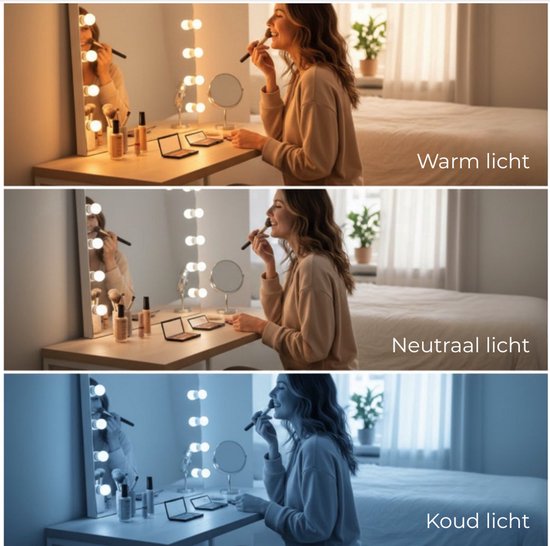 OMNIEXA Hollywood Spiegel 58×46cm – 15 LED Lampen – 3 Lichtkleuren – Dimbaar – 10x Vergroting – USB-C – Make Up Spiegel – Visagie Spiegel – Vanity – Wit