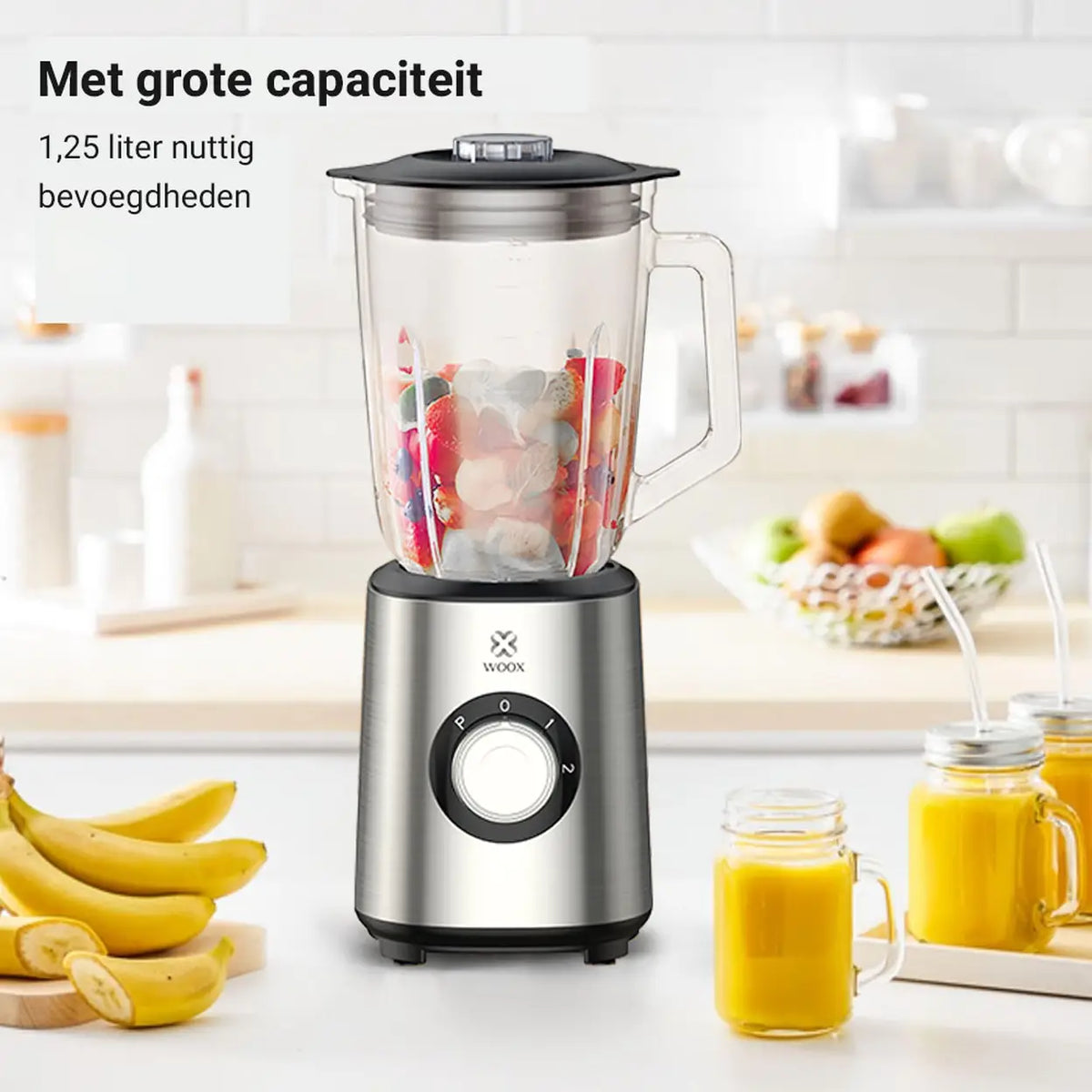 Woox Blender MX0198 - Zilver - 1000 W - 1,5 Liter - 10-Bladig RVS Mes - 3 Standen met Pulsefunctie - 20 x 20 x 38 cm
