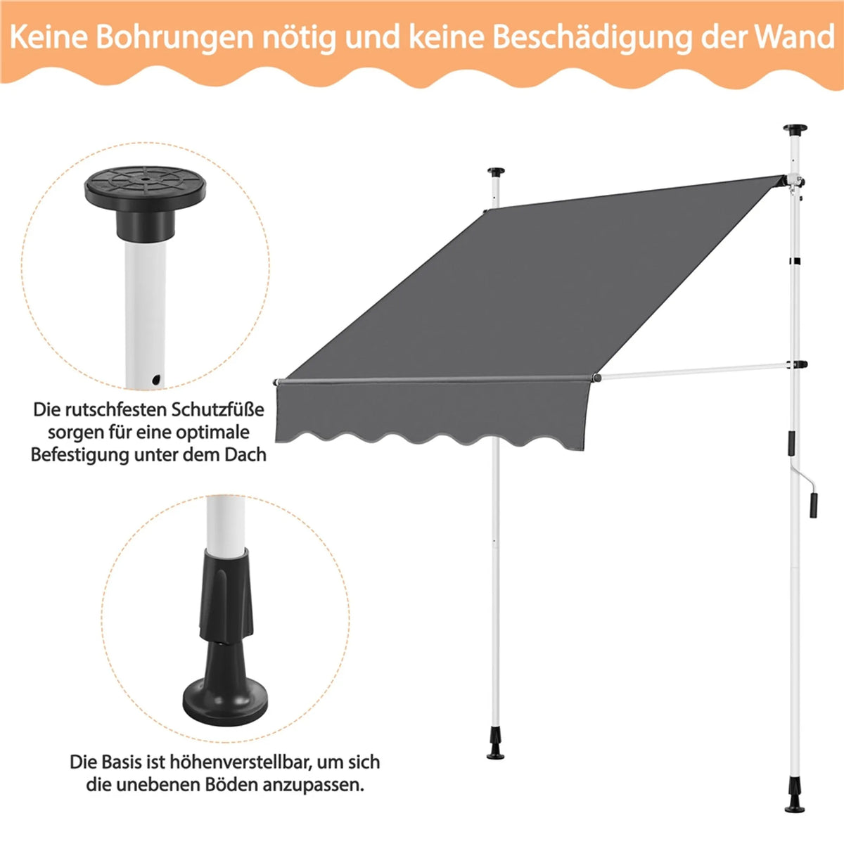 Yaheetech Klemzonnescherm Met Handslinger – Voorzien Van In Hoogte Verstelbare Telescopische Stangen En Waterafstotend Doek En Beschermvoetjes – Voor Balkon En Terras – Donkergrijs Polyester En Metaal – 150 x 180 x 210-300 cm